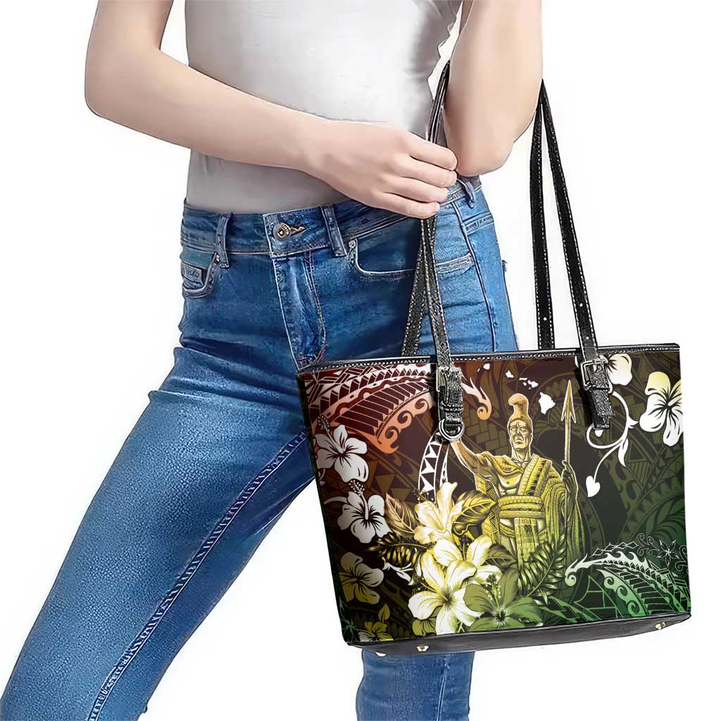 Hawaii King Kamehameha Day Leather Tote Bag Polynesian Pattern Mix Hibiscus Reggae