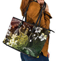 Hawaii King Kamehameha Day Leather Tote Bag Polynesian Pattern Mix Hibiscus Reggae