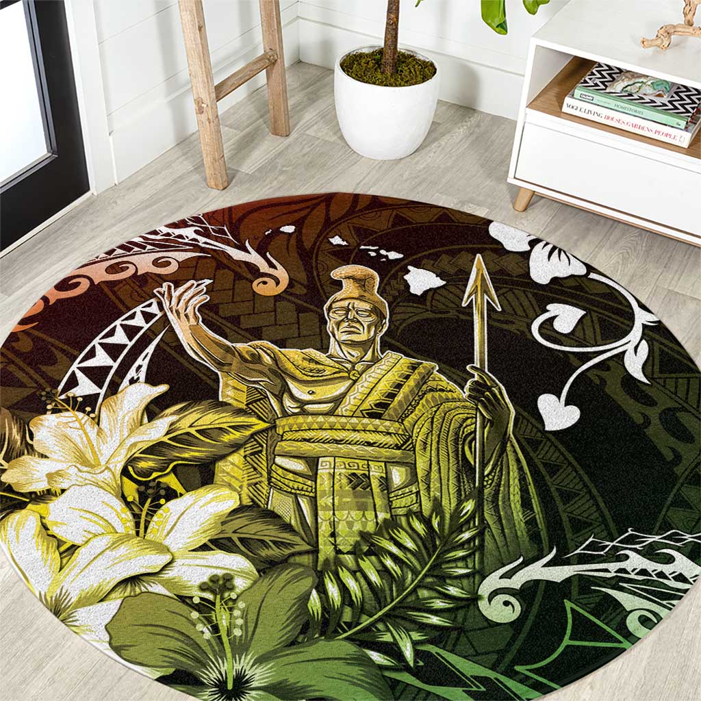 Hawaii King Kamehameha Day Round Carpet Polynesian Pattern Mix Hibiscus Reggae