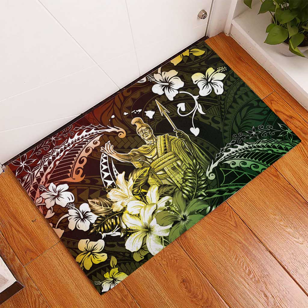 Hawaii King Kamehameha Day Rubber Doormat Polynesian Pattern Mix Hibiscus Reggae
