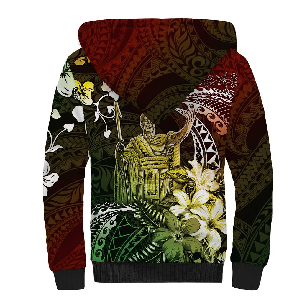Hawaii King Kamehameha Day Sherpa Hoodie Polynesian Pattern Mix Hibiscus Reggae