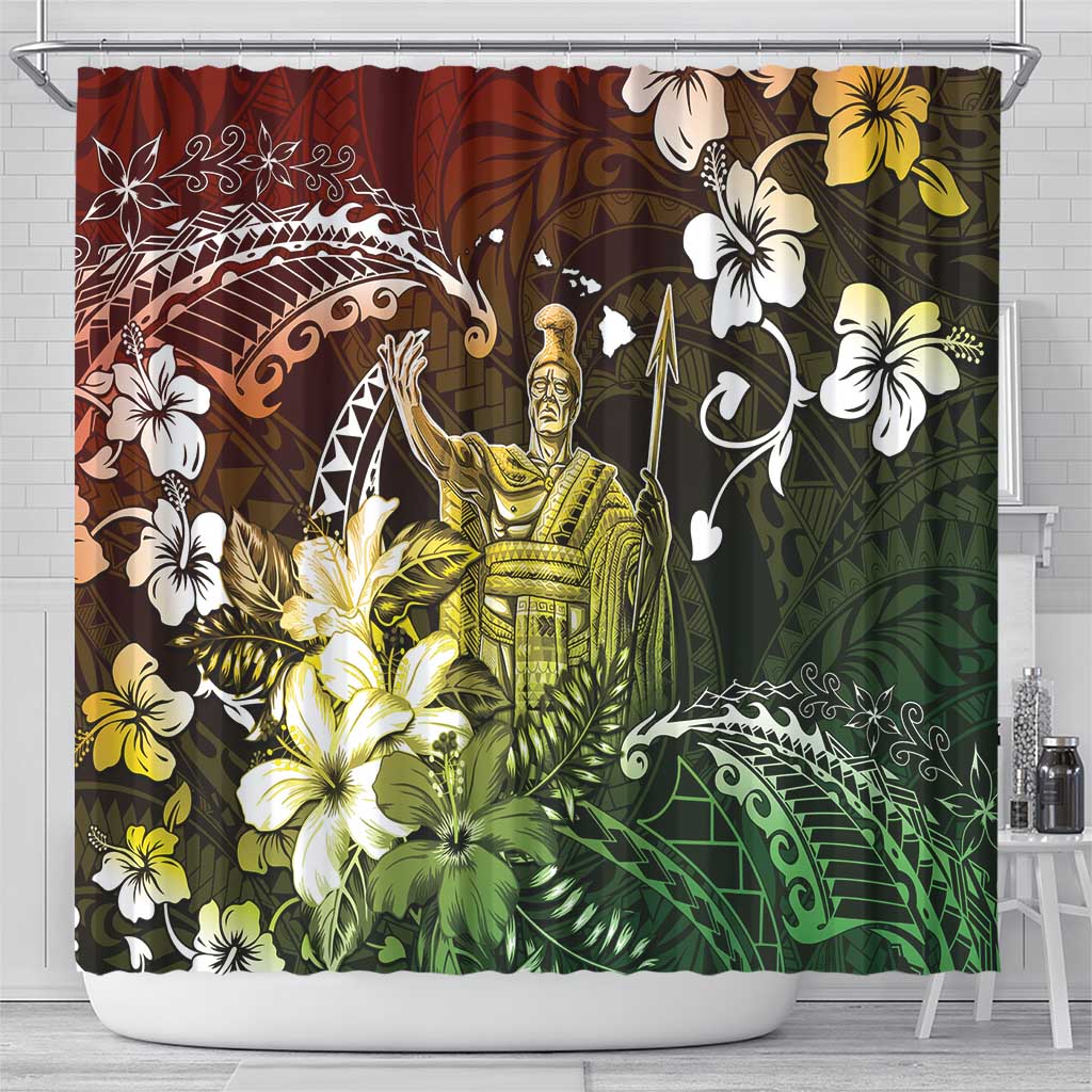 Hawaii King Kamehameha Day Shower Curtain Polynesian Pattern Mix Hibiscus Reggae