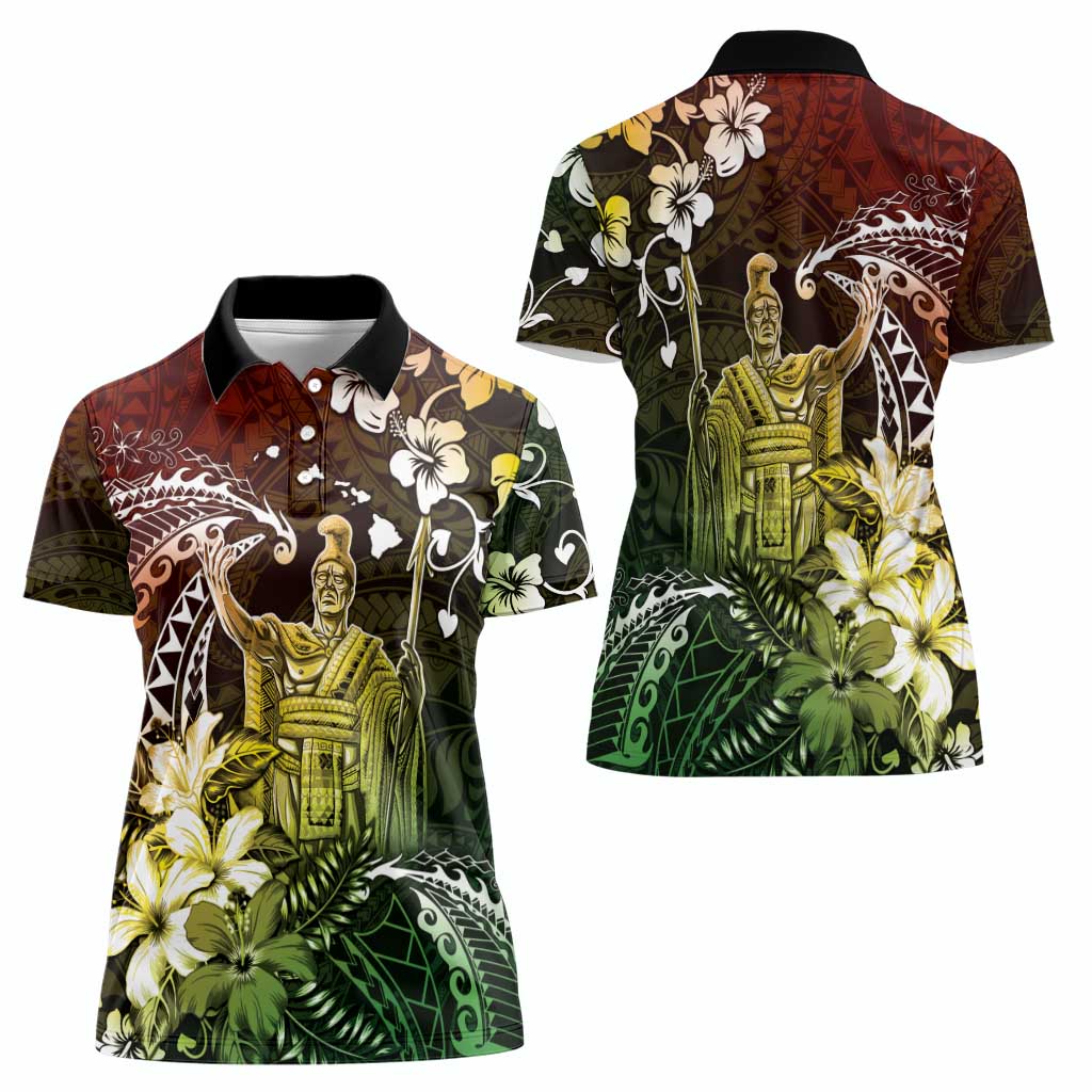 Hawaii King Kamehameha Day Women Polo Shirt Polynesian Pattern Mix Hibiscus Reggae