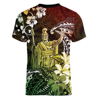 Hawaii King Kamehameha Day Women V-Neck T-Shirt Polynesian Pattern Mix Hibiscus Reggae