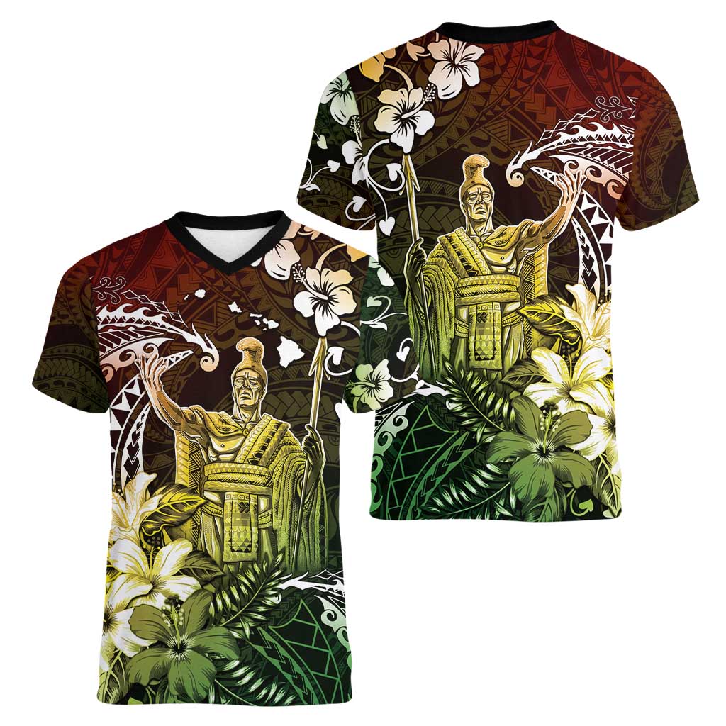 Hawaii King Kamehameha Day Women V-Neck T-Shirt Polynesian Pattern Mix Hibiscus Reggae