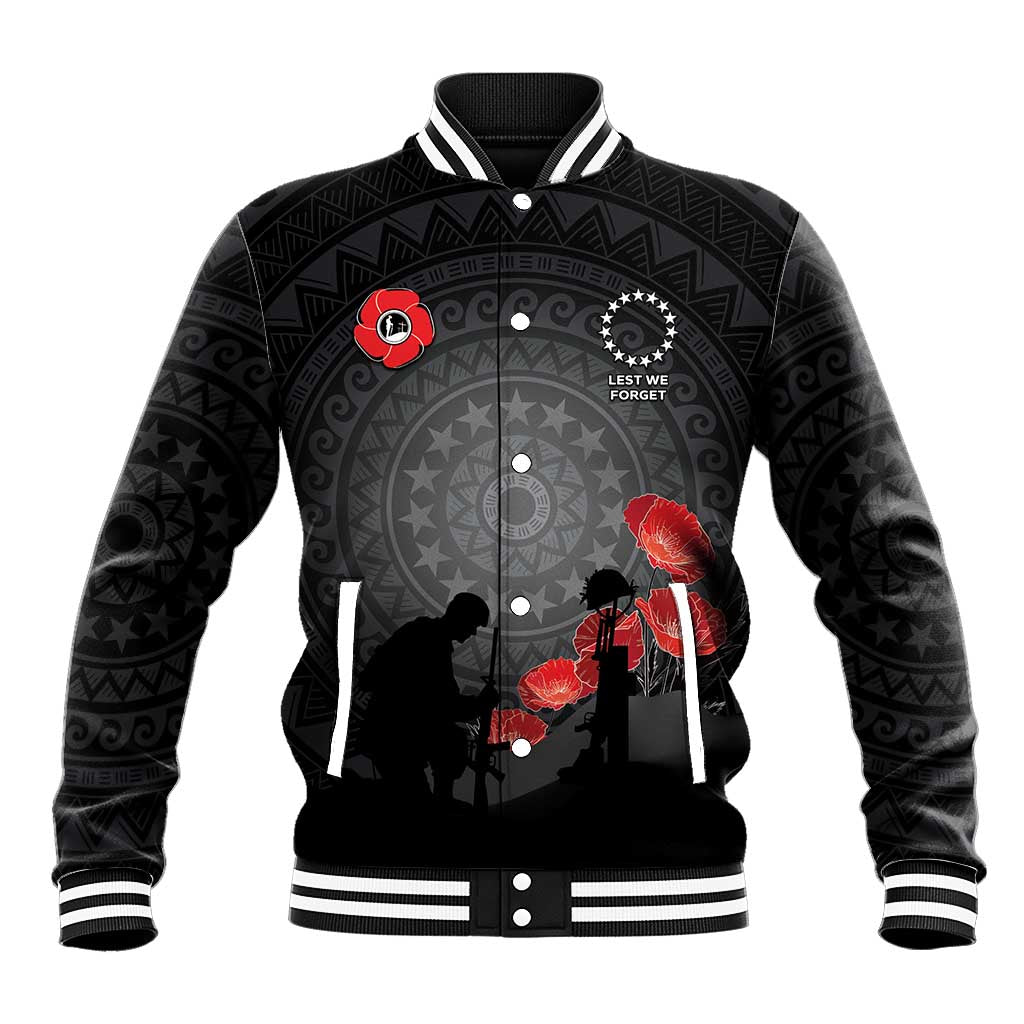 Cook Islands ANZAC Day Baseball Jacket Soldier Silhouette Remembrance LT05 Unisex Black - Polynesian Pride