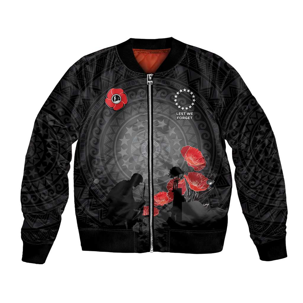 Cook Islands ANZAC Day Bomber Jacket Soldier Silhouette Remembrance LT05 Unisex Black - Polynesian Pride