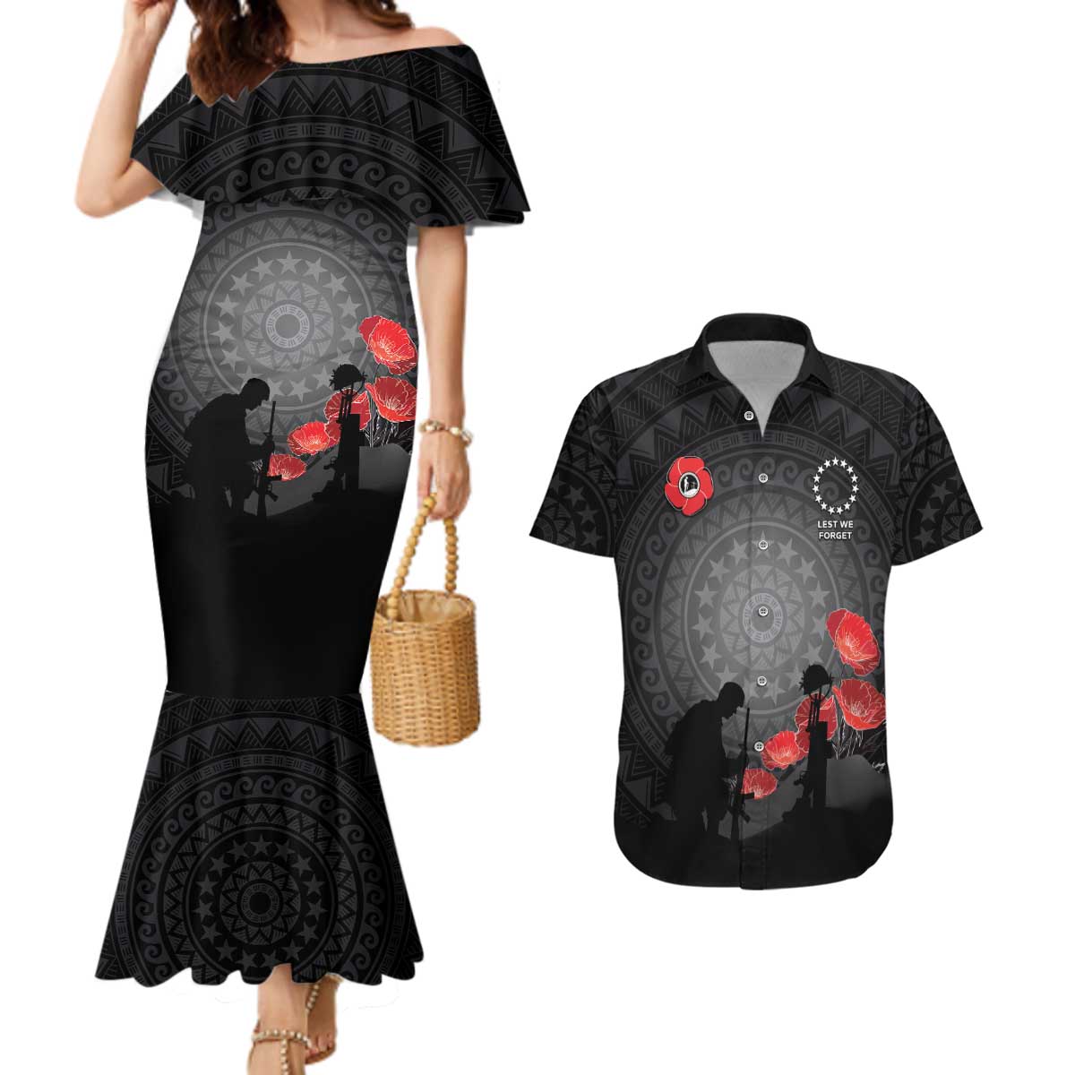 Cook Islands ANZAC Day Couples Matching Mermaid Dress and Hawaiian Shirt Soldier Silhouette Remembrance