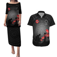 Cook Islands ANZAC Day Couples Matching Puletasi and Hawaiian Shirt Soldier Silhouette Remembrance
