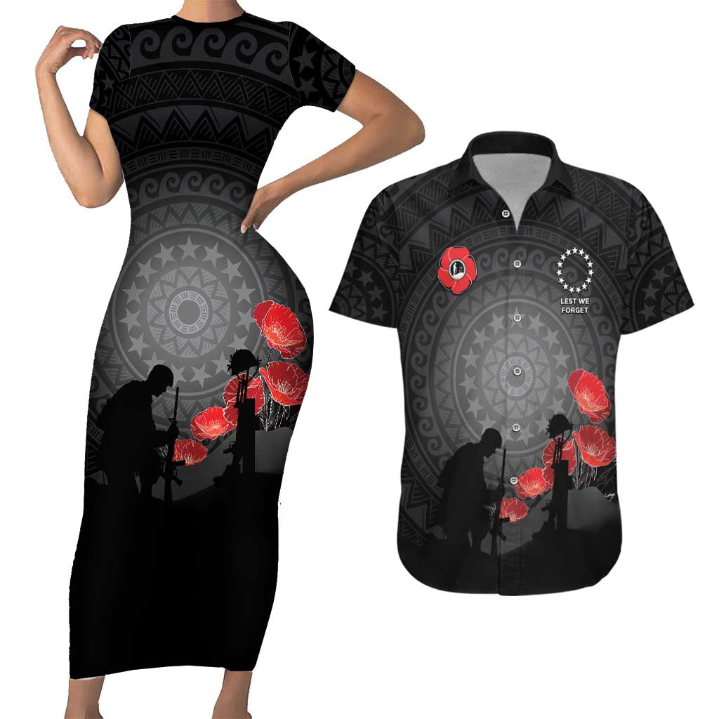 Cook Islands ANZAC Day Couples Matching Short Sleeve Bodycon Dress and Hawaiian Shirt Soldier Silhouette Remembrance