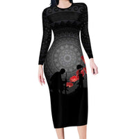 Cook Islands ANZAC Day Family Matching Long Sleeve Bodycon Dress and Hawaiian Shirt Soldier Silhouette Remembrance LT05 Mom's Dress Black - Polynesian Pride