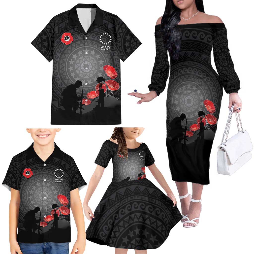 Cook Islands ANZAC Day Family Matching Off The Shoulder Long Sleeve Dress and Hawaiian Shirt Soldier Silhouette Remembrance