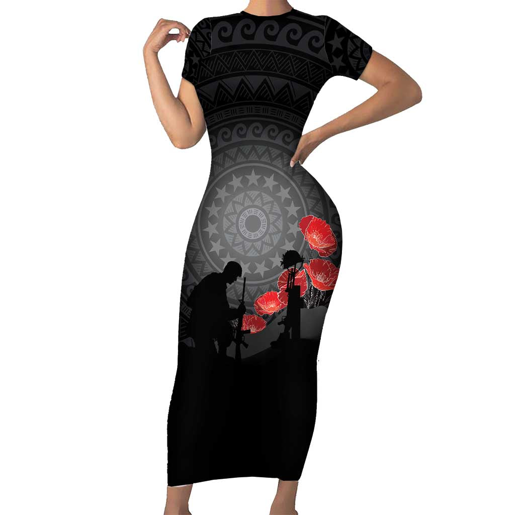 Cook Islands ANZAC Day Family Matching Short Sleeve Bodycon Dress and Hawaiian Shirt Soldier Silhouette Remembrance LT05 Mom's Dress Black - Polynesian Pride