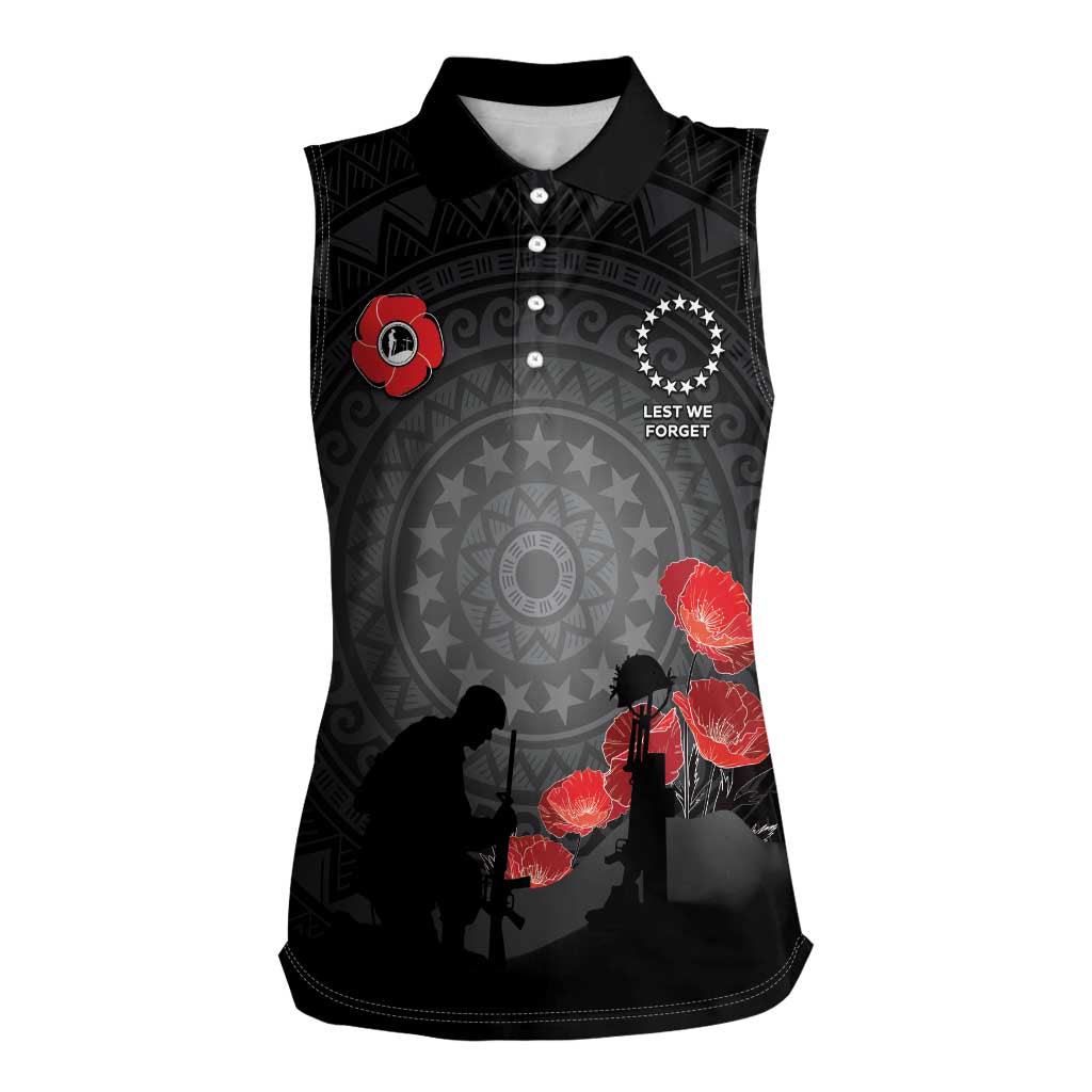 Cook Islands ANZAC Day Women Sleeveless Polo Shirt Soldier Silhouette Remembrance LT05 Female Black - Polynesian Pride