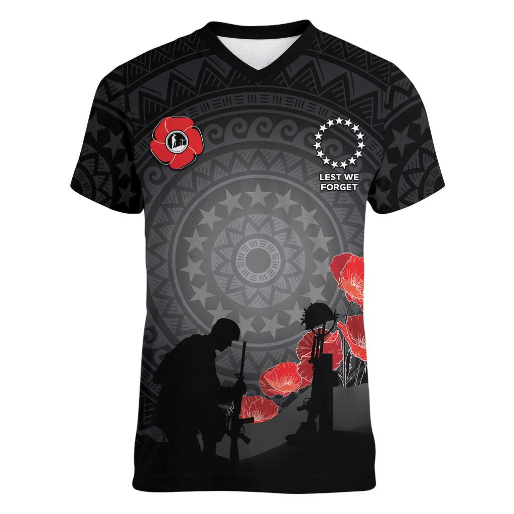 Cook Islands ANZAC Day Women V-Neck T-Shirt Soldier Silhouette Remembrance