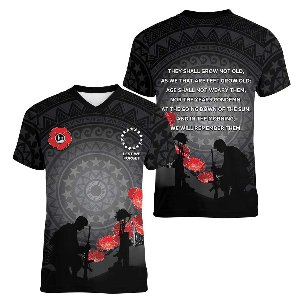 Cook Islands ANZAC Day Women V-Neck T-Shirt Soldier Silhouette Remembrance