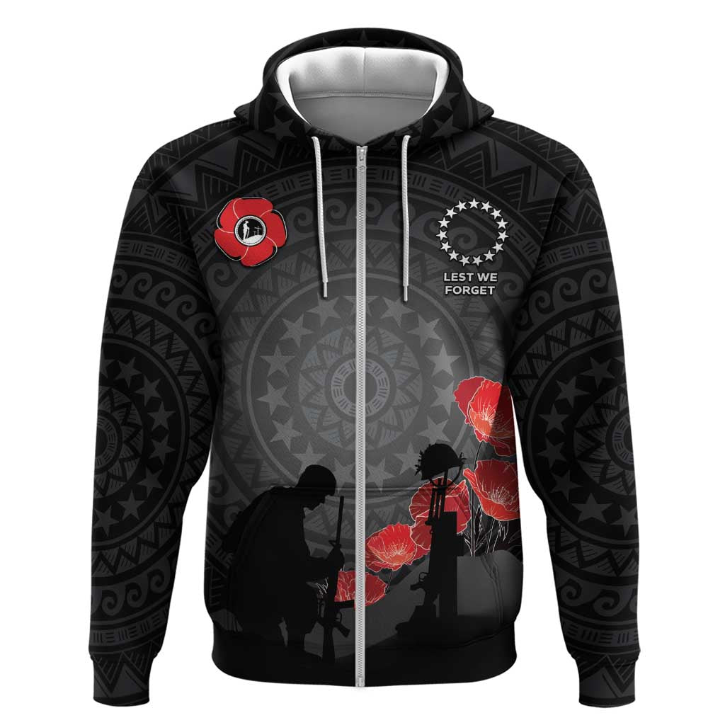 Cook Islands ANZAC Day Zip Hoodie Soldier Silhouette Remembrance LT05 Zip Hoodie Black - Polynesian Pride