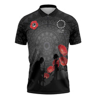 Cook Islands ANZAC Day Zipper Polo Shirt Soldier Silhouette Remembrance LT05 Black - Polynesian Pride