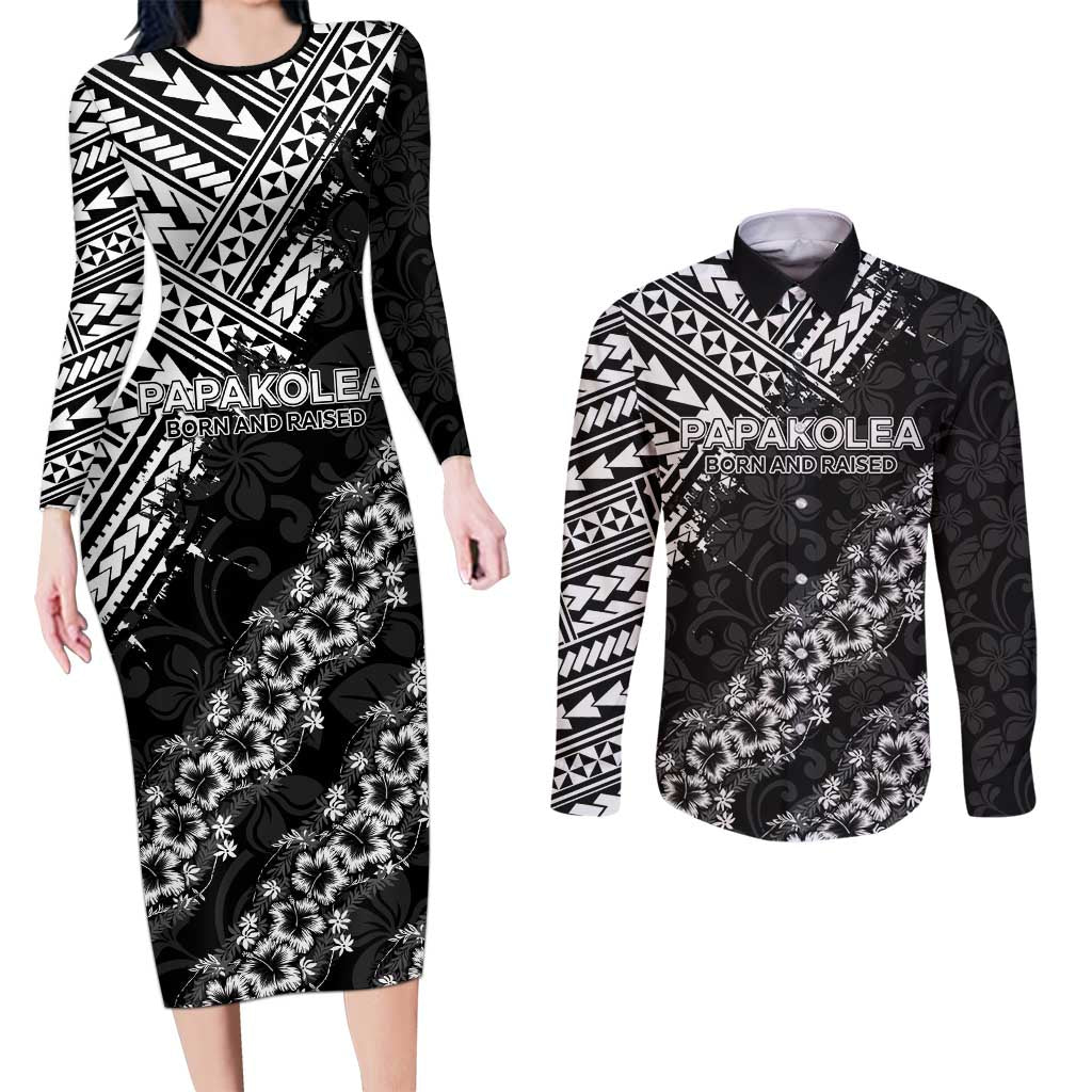 Hawaii Papakolea Born And Raised Couples Matching Long Sleeve Bodycon Dress and Long Sleeve Button Shirt Hawaiian Tribal Pattern LT05 Black - Polynesian Pride