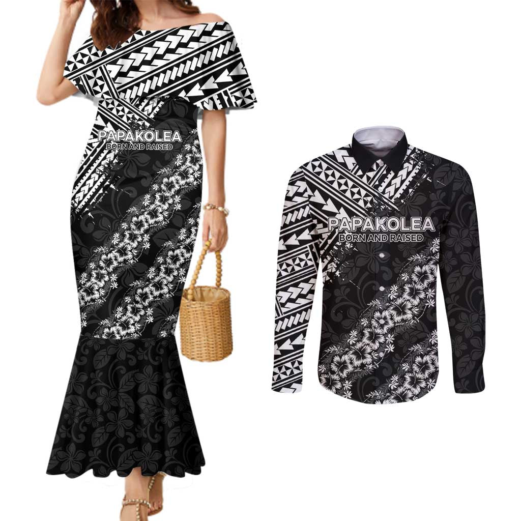 Hawaii Papakolea Born And Raised Couples Matching Mermaid Dress and Long Sleeve Button Shirt Hawaiian Tribal Pattern