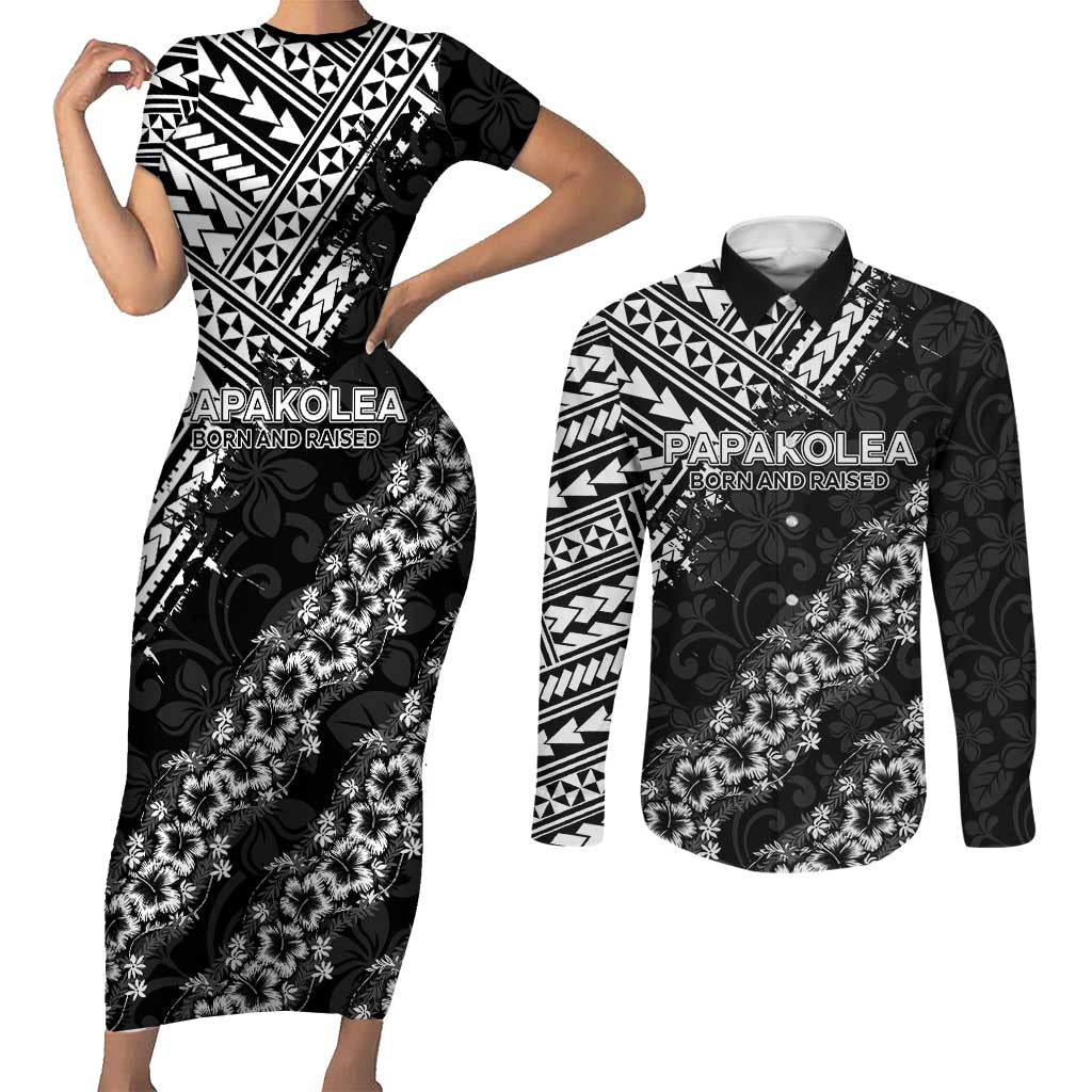 Hawaii Papakolea Born And Raised Couples Matching Short Sleeve Bodycon Dress and Long Sleeve Button Shirt Hawaiian Tribal Pattern LT05 Black - Polynesian Pride