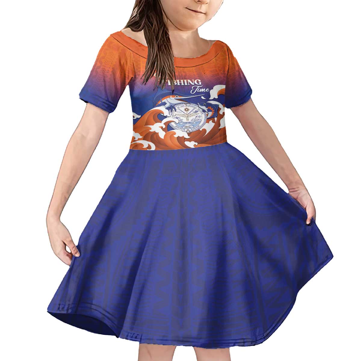 Marshall Islands Fishermen's Day Family Matching Off The Shoulder Long Sleeve Dress and Hawaiian Shirt It's Fishing Time LT05 Daughter's Dress Orange - Polynesian Pride