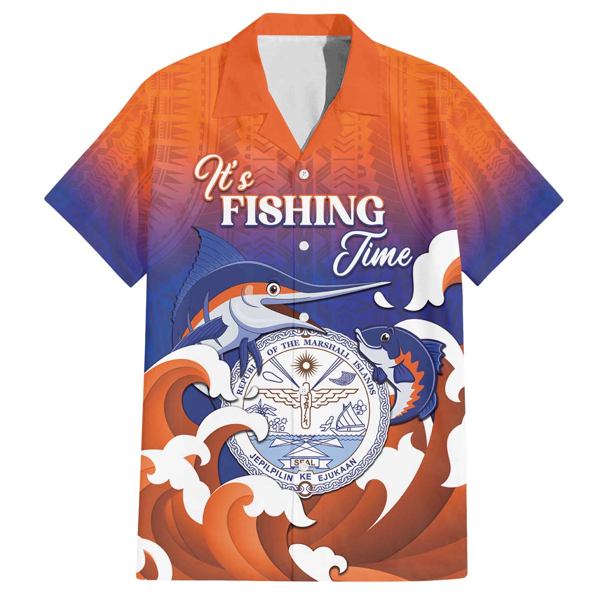 Marshall Islands Fishermen's Day Family Matching Off The Shoulder Long Sleeve Dress and Hawaiian Shirt It's Fishing Time LT05 Dad's Shirt - Short Sleeve Orange - Polynesian Pride