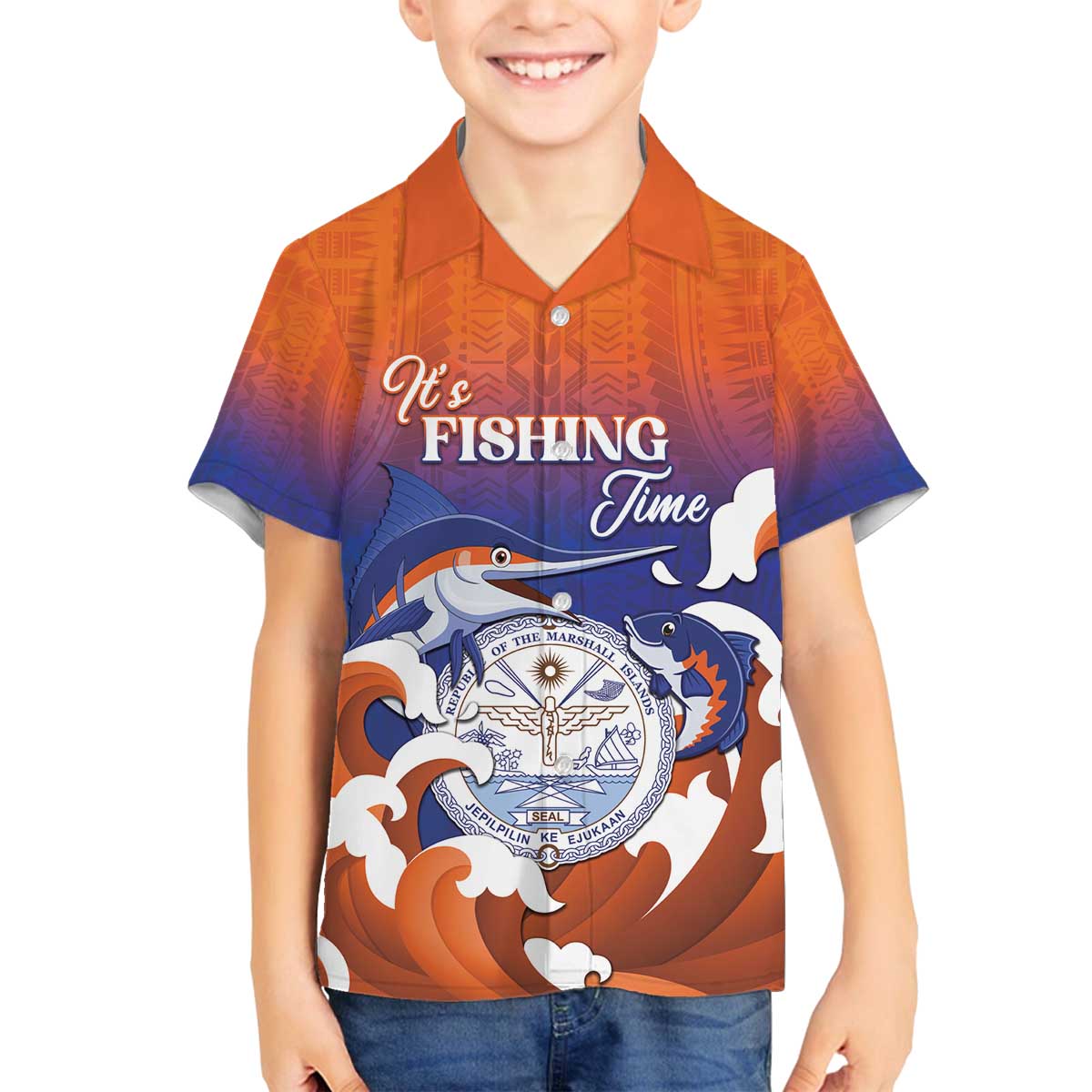 Marshall Islands Fishermen's Day Family Matching Off The Shoulder Long Sleeve Dress and Hawaiian Shirt It's Fishing Time LT05 Son's Shirt Orange - Polynesian Pride