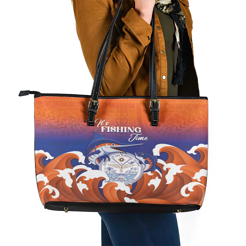 Marshall Islands Fishermen's Day Leather Tote Bag It's Fishing Time LT05 - Polynesian Pride