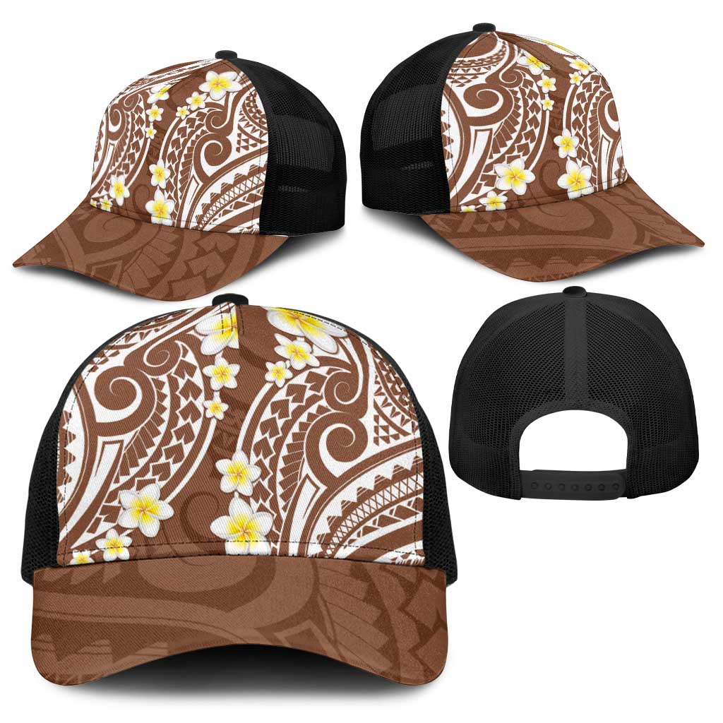 Plumeria With Brown Polynesian Tattoo Pattern Baseball Net Cap - Polynesian Pride