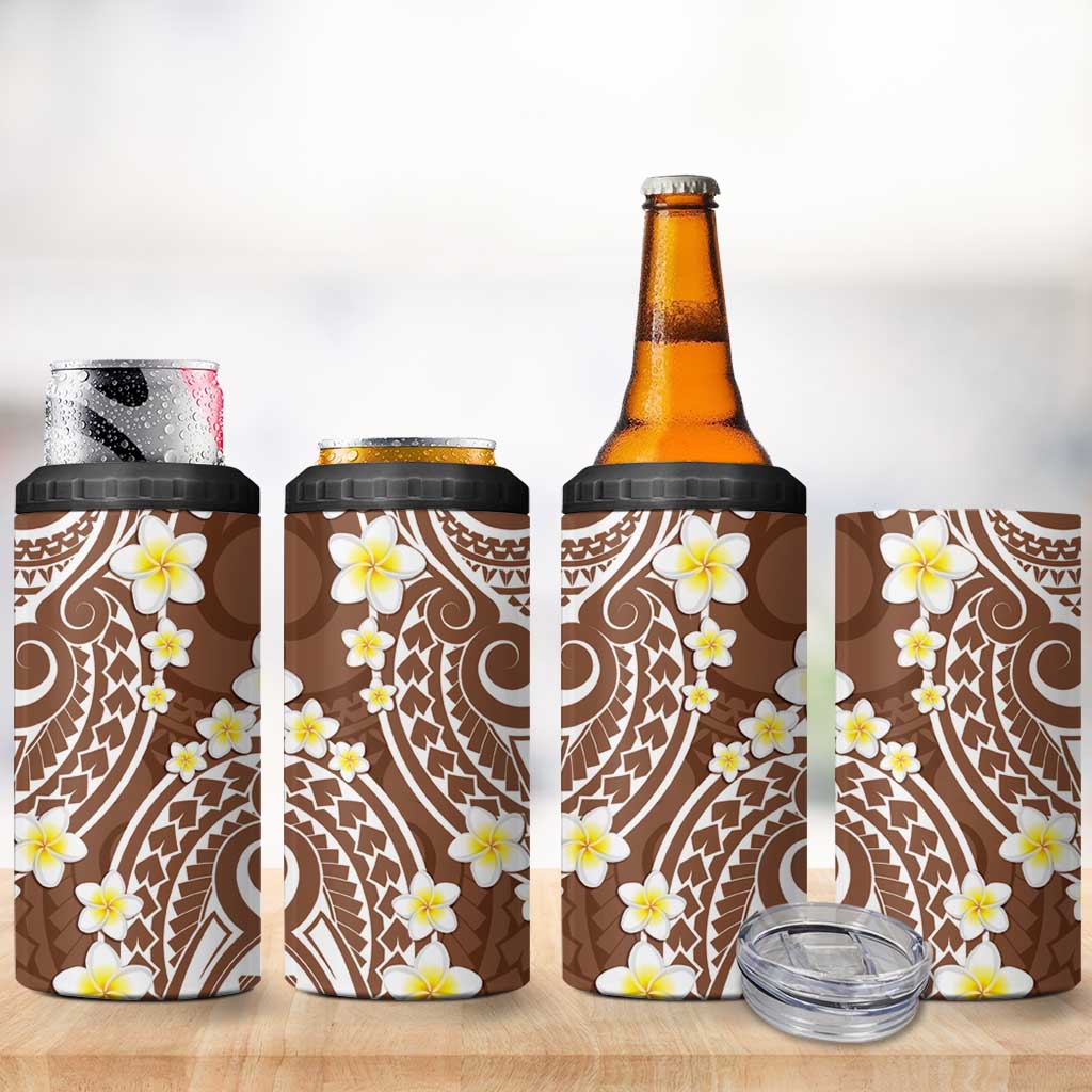 Plumeria With Brown Polynesian Tattoo Pattern 4 in 1 Can Cooler Tumbler