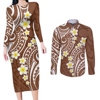 Plumeria With Brown Polynesian Tattoo Pattern Couples Matching Long Sleeve Bodycon Dress and Long Sleeve Button Shirt