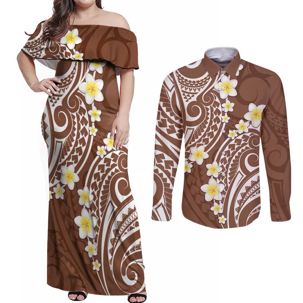 Plumeria With Brown Polynesian Tattoo Pattern Couples Matching Off Shoulder Maxi Dress and Long Sleeve Button Shirt