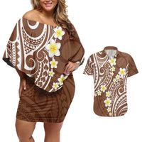 Plumeria With Brown Polynesian Tattoo Pattern Couples Matching Off Shoulder Short Dress and Hawaiian Shirt