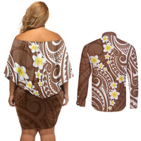 Plumeria With Brown Polynesian Tattoo Pattern Couples Matching Off Shoulder Short Dress and Long Sleeve Button Shirt
