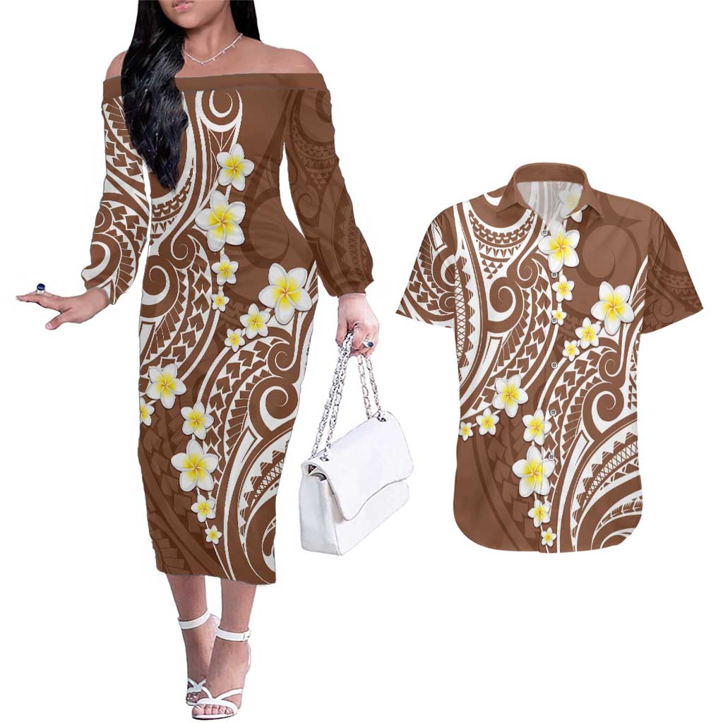 Plumeria With Brown Polynesian Tattoo Pattern Couples Matching Off The Shoulder Long Sleeve Dress and Hawaiian Shirt