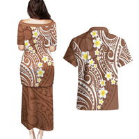 Plumeria With Brown Polynesian Tattoo Pattern Couples Matching Puletasi and Hawaiian Shirt