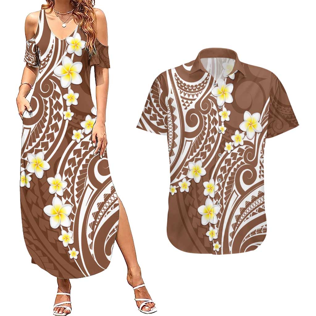 Plumeria With Brown Polynesian Tattoo Pattern Couples Matching Summer Maxi Dress and Hawaiian Shirt