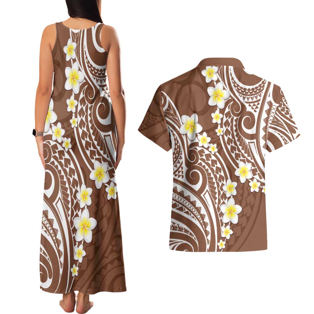 Plumeria With Brown Polynesian Tattoo Pattern Couples Matching Tank Maxi Dress and Hawaiian Shirt