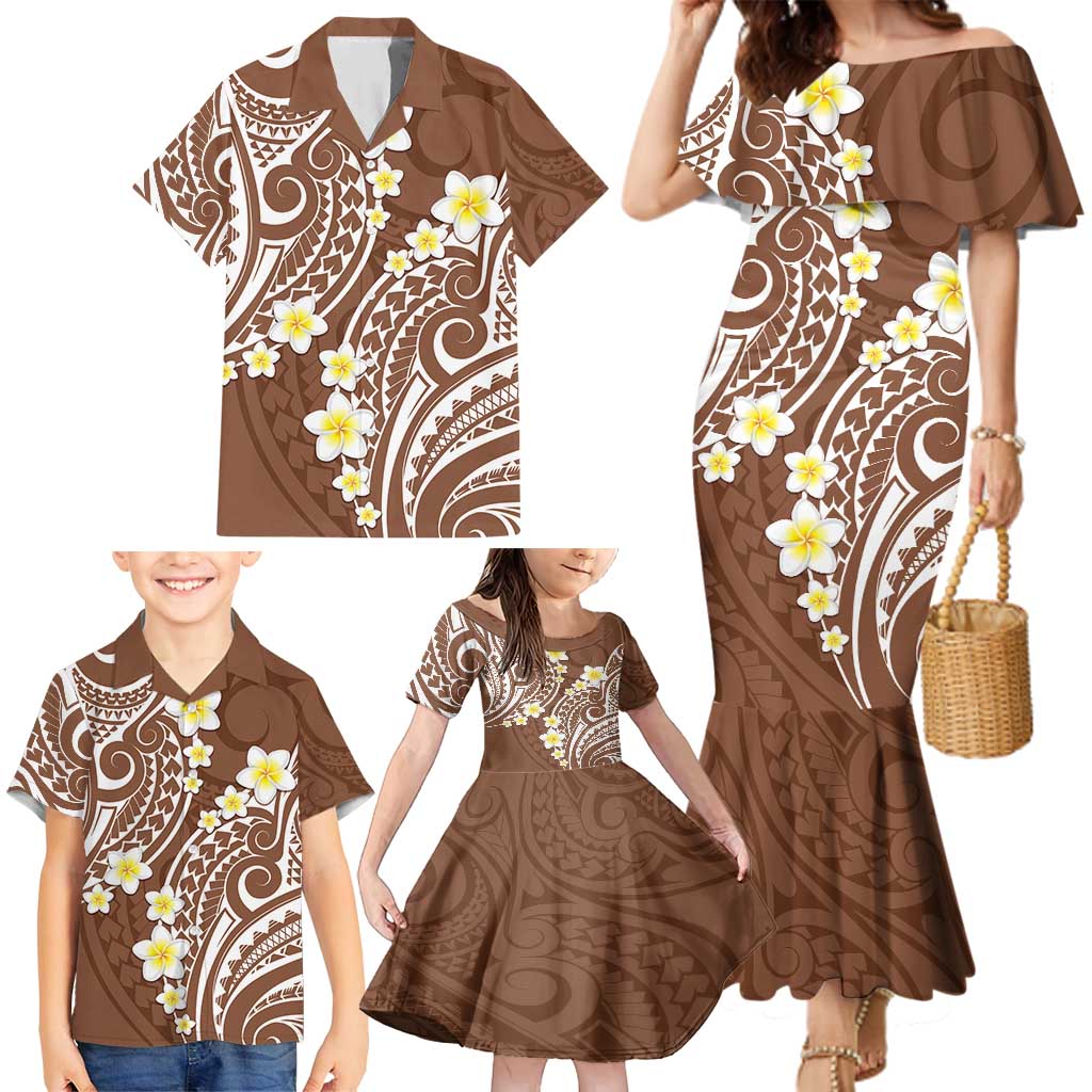 Plumeria With Brown Polynesian Tattoo Pattern Family Matching Mermaid Dress and Hawaiian Shirt