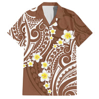 Plumeria With Brown Polynesian Tattoo Pattern Family Matching Off Shoulder Short Dress and Hawaiian Shirt