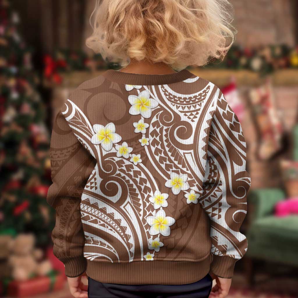 Plumeria With Brown Polynesian Tattoo Pattern Kid Ugly Christmas Sweater