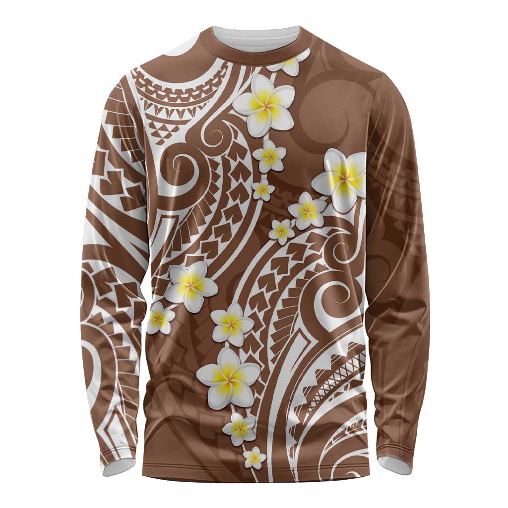 Plumeria With Brown Polynesian Tattoo Pattern Long Sleeve Shirt LT05 Unisex Brown - Polynesian Pride