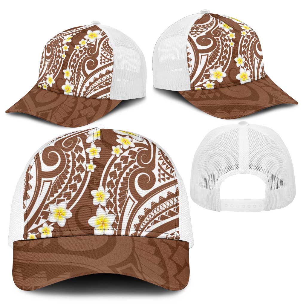 Plumeria With Brown Polynesian Tattoo Pattern Mesh Trucker Cap - Polynesian Pride