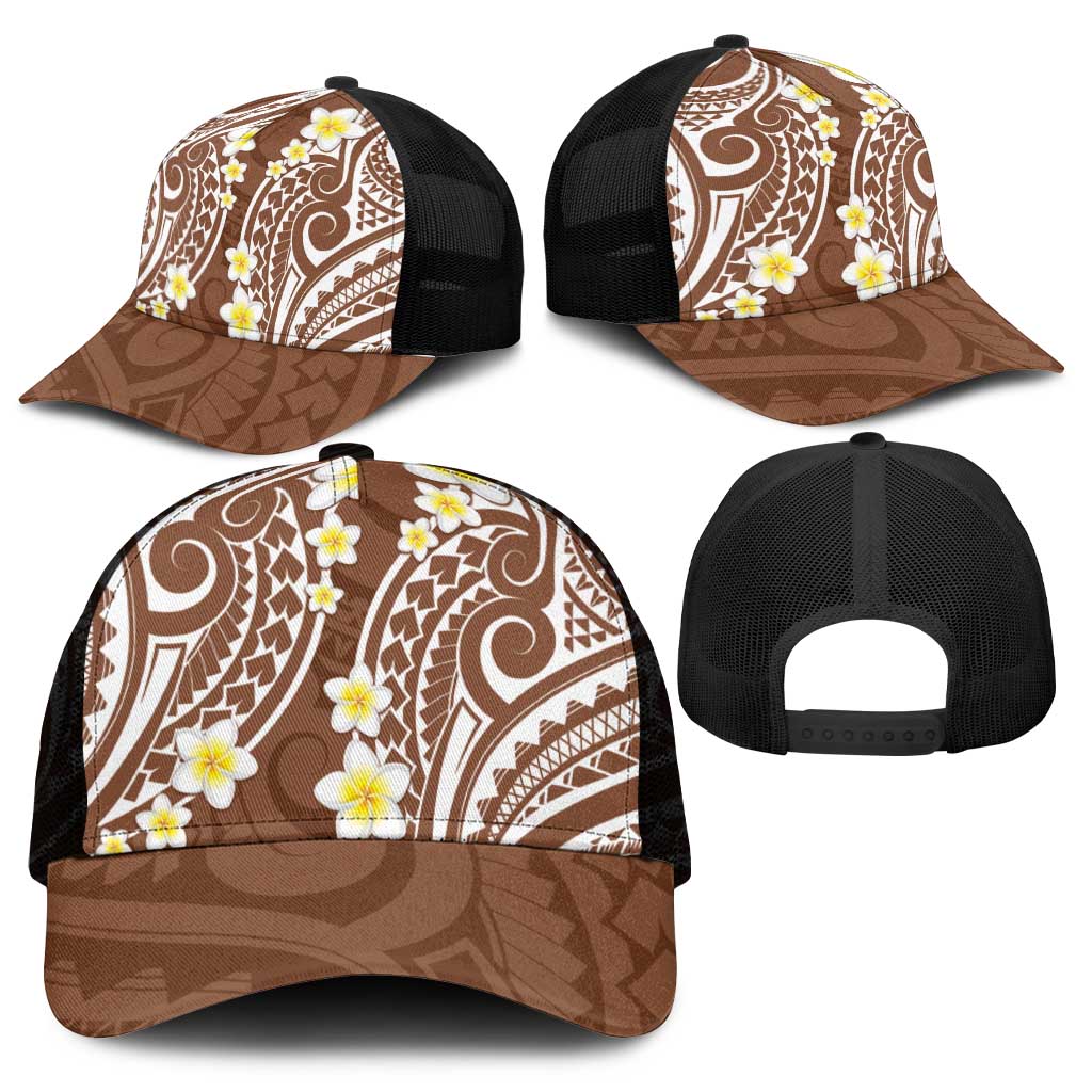 Plumeria With Brown Polynesian Tattoo Pattern Mesh Trucker Cap - Polynesian Pride