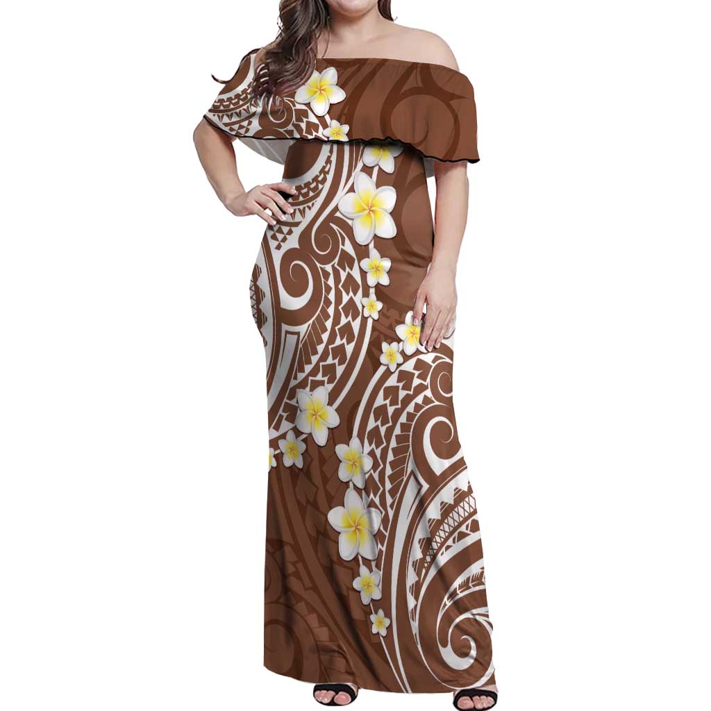Plumeria With Brown Polynesian Tattoo Pattern Off Shoulder Maxi Dress LT05 Women Brown - Polynesian Pride