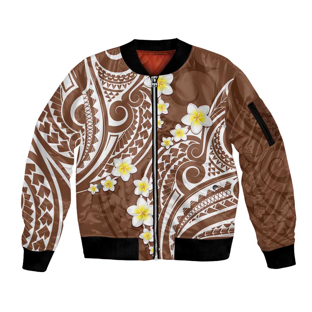 Plumeria With Brown Polynesian Tattoo Pattern Sleeve Zip Bomber Jacket LT05 Unisex Brown - Polynesian Pride