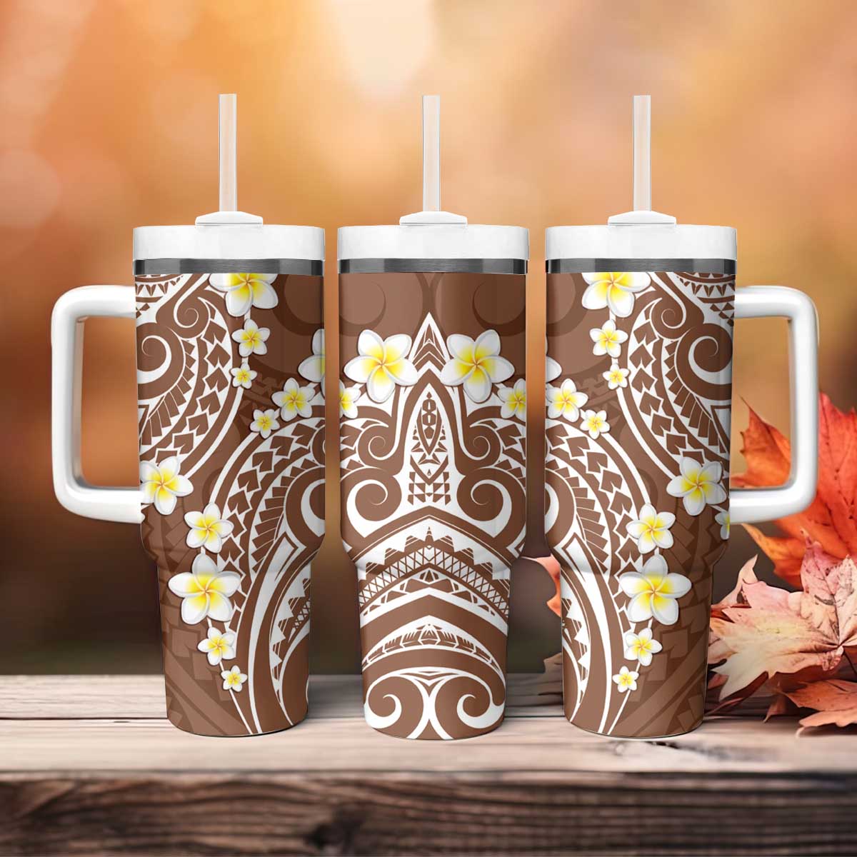 Plumeria With Brown Polynesian Tattoo Pattern Tumbler With Handle
