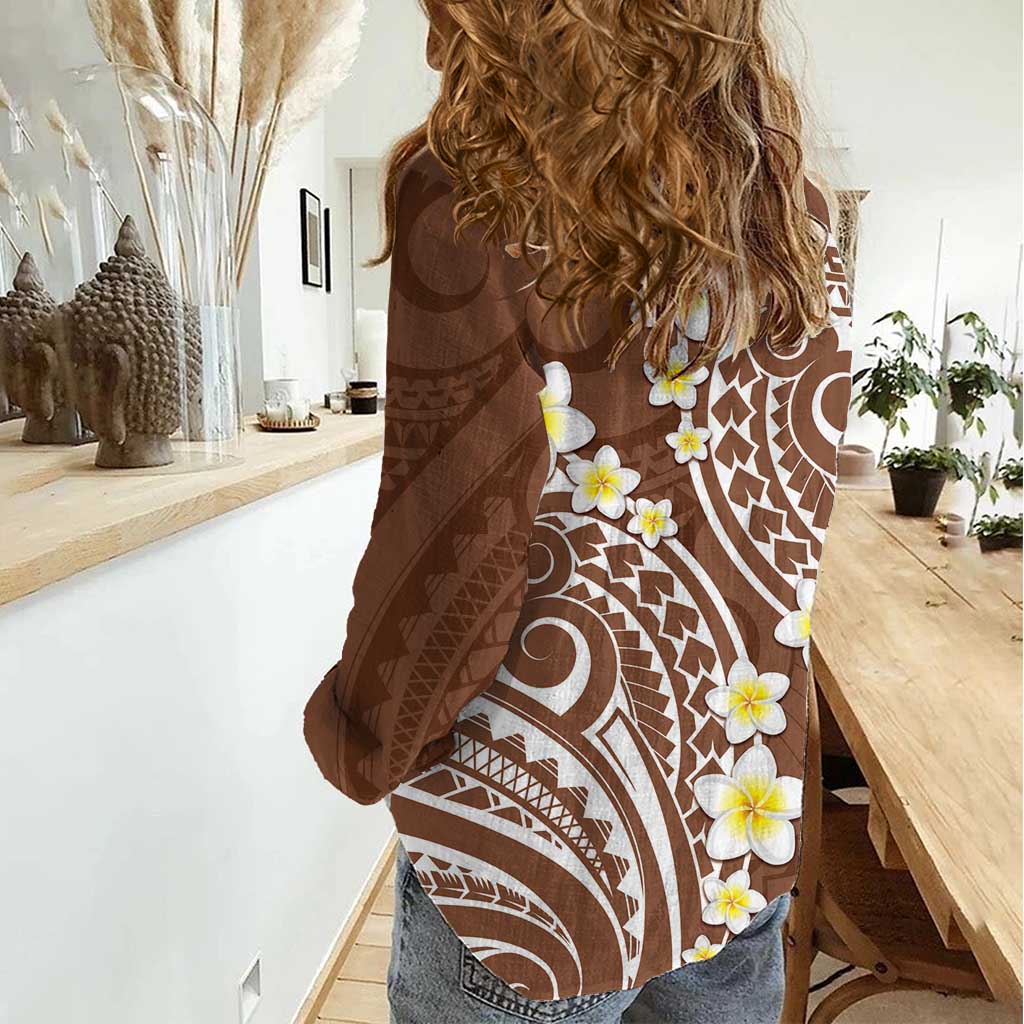 Plumeria With Brown Polynesian Tattoo Pattern Women Casual Shirt