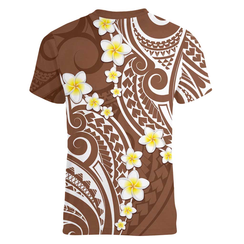 Plumeria With Brown Polynesian Tattoo Pattern Women V-Neck T-Shirt